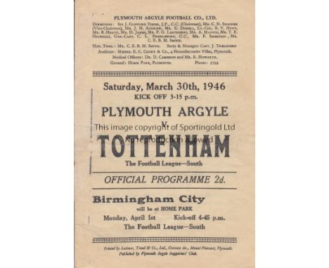 PLYMOUTH/SPURS   Gatefold programme Plymouth v Tottenham Hotspur 30th March 1946. Some abrasions at spine with score and team