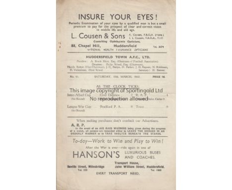 HUDDERSFIELD - BRADFORD PA 43   Four page Huddersfield Town home programme v Bradford PA, 13/3/43, League War Cup second leg.