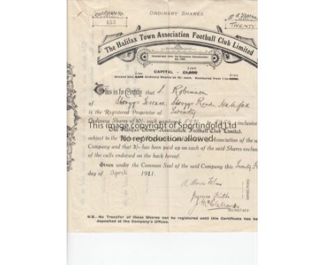HALIFAX 1921              Halifax Town AFC Share certificate dated 26 April 1921. Issued a few months prior to Halifax Town j