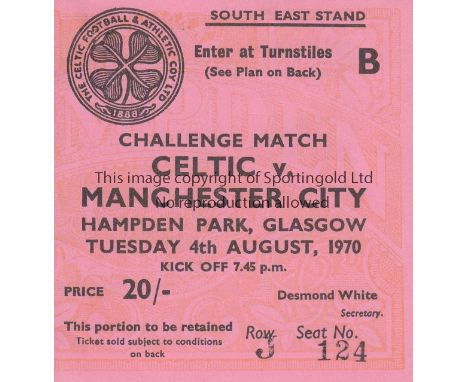 CELTIC - MANCHESTER CITY   Match ticket for seat, Celtic v Manchester City, 4/8/70 at Hampden Park.   Good