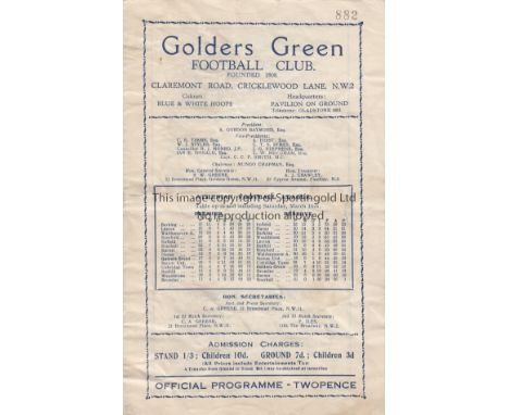 GOLDERS GREEN 1935   Golders Green home programme v Leyton 23/3/1935, Athenian League, eight page programme, Golders Green we