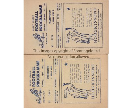 RUGBY LEAGUE / WARRINGTON V BELLE VUE       Two programme for matches played at Warrington, 5/9/1953 and 10/4/1954.    Good