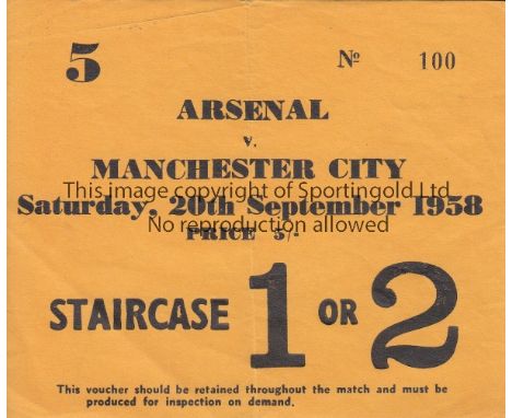 ARSENAL TICKET    Ticket Arsenal v Manchester City 20th September 1958. Light folds.    Generally good