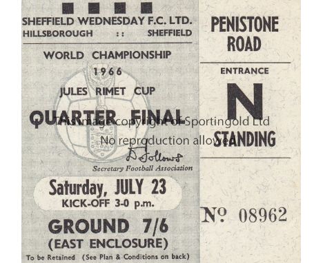 WORLD CUP 66- QUARTER FINAL   Match ticket for quarter final at Hillsborough, 23/7/66, West Germany 4-0 Uruguay.  Good