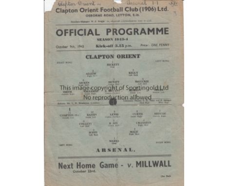 CLAPTON ORIENT V ARSENAL 1943       Single sheet programme for the match at Orient 9/10/1943, folded, small paper loss at the