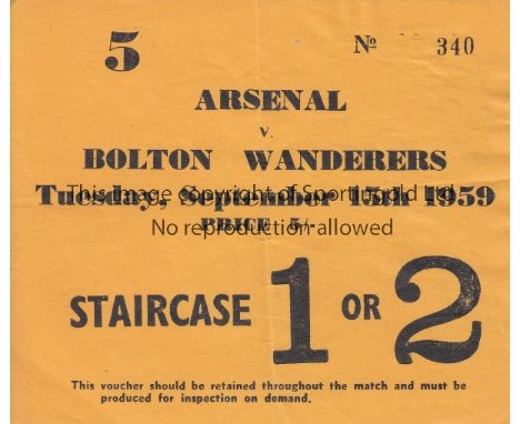 ARSENAL TICKET    Ticket Arsenal v Bolton Wanderers 15th September 1959. Light folds.   Generally good