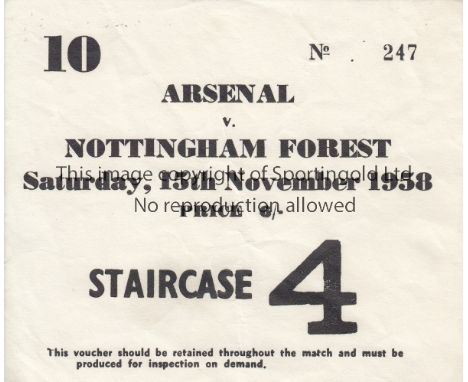 ARSENAL TICKET    Ticket Arsenal v Nottingham Forest  15th November 1958.      Generally good