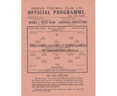 ARSENAL V READING 1941    Single sheet programme for the Arsenal home London war League match 29/11/1941 slightly creased.   