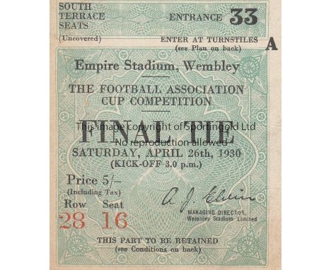 1930 FA CUP FINAL    Seat ticket for Arsenal v Huddersfield Town. Turnstile A.   Good