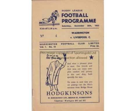 RUGBY LEAGUE / WARRINGTON V LIVERPOOL C. 1953    Programme for the match at Warrington 28/11/1953.   Good