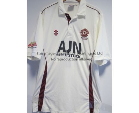 ANDREW HALL - NORTHANTS     Northants white county cricket playing shirt, short sleeved, 'Hall 1' on the back, sponsor is 'AJ
