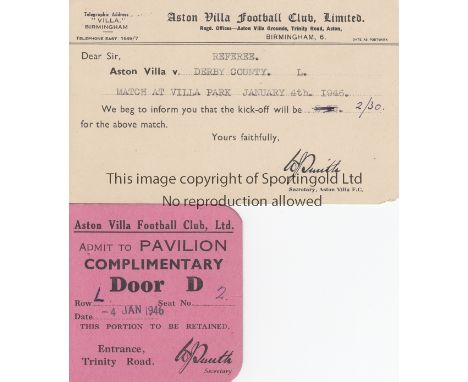 ASTON VILLA 1946    Villa postcard sent to the referee informing him of kick off time, 4/1/46 v Derby County together with a 