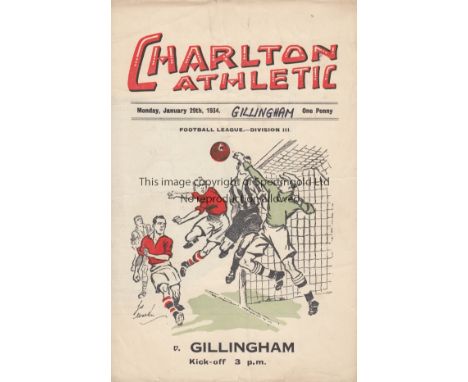 CHARLTON - GILLINGHAM 1934   Four page Charlton home programme v Gillingham, Monday 29/1/1934, opposition noted on front, sco
