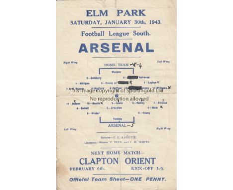 READING  V ARSENAL 1943 Single sheet home programme FL South match at Reading 30/1/1943, folded, slightly worn at folds, tear