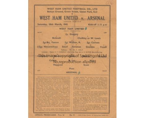 WEST HAM UTD. V ARSENAL 1942      Single sheet programme for the London War Cup tie at West Ham 28/3/1942, slightly creased, 