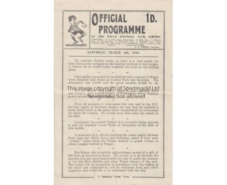 RUGBY LEAGUE 1943   Wigan home programme v Halifax, 6/3/43, four page issue,  folds.  Fair-generally good