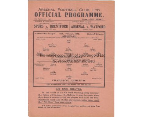 ARSENAL V CHARLTON ATH. 1942      Single sheet programme for the London War League Arsenal home match 17/1/1942, creased and 