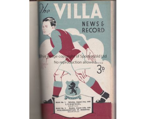 ASTON VILLA       Bound volume of all Aston Villa 1st team and Reserve match programmes for season 1948/49. Notable fixtures 