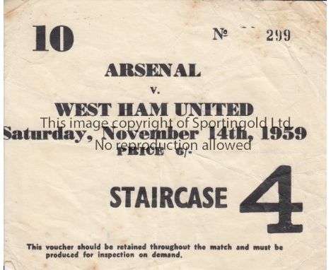 ARSENAL TICKET    Ticket Arsenal v West Ham United 14th November 1959. A little worn.    Generally good