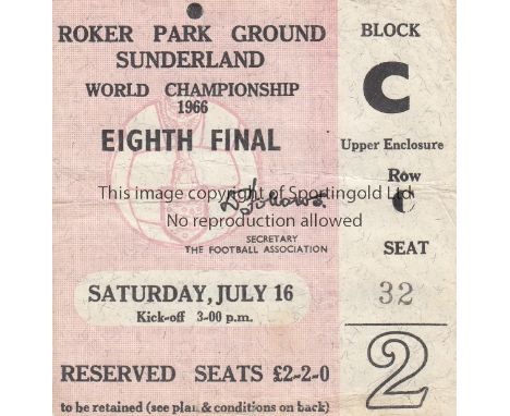 WORLD CUP 66-ROKER   Ticket for game at Roker Park, Soviet Union 1-0 Italy, 16/7/66, creased, folds.  Fair