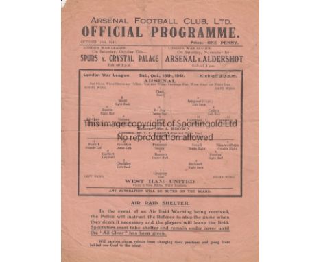 ARSENAL V WEST HAM UTD. 1941      Single sheet programme for the London War League Arsenal home match 18/10/1941, creased, sl