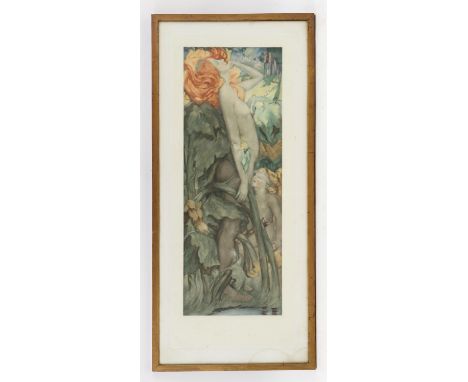 C. 1900 lithograph in colours depicting Cupid and a maiden. Framed and glazed. Image size 46.5 x 16.5cm. Condition Report:  G