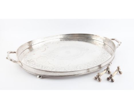 Large silver plated oval gallery tray with engraved foliate scrolls and central monogram by J. W. & Co. 72cm x 49cm x 4cm tog