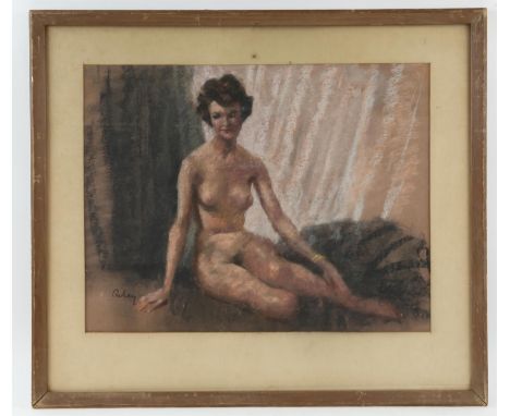 Harry Riley (1895-1966).  Portrait of a seated nude woman.  Pastel, signed lower left. Artists label verso. 34 x 44cm. 