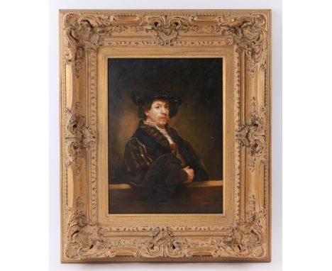 J. Hamilton (contemporary), portrait of a seventeenth-century gentleman, possibly Rembrandt. Oil on panel. Framed. Image size