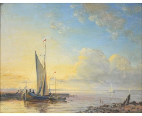Abraham Hulk II (British, 1851-1922), seascape with fishing vessel to foreground. Oil on panel. Signed 'A. Hulk' lower left. 