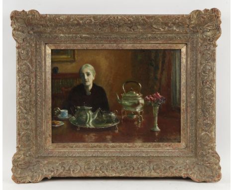 William Mainwaring Palin (British, 1862-1947), domestic portrait of a lady with tea service (1946). Oil on panel. Signed and 
