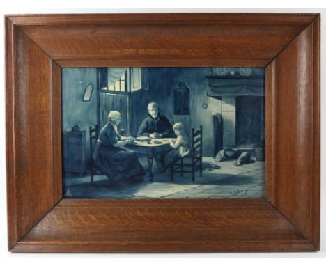Nineteenth-century Dutch glazed tile image, depicting a family praying before dinner. Signed M. Artz lower right and inscribe