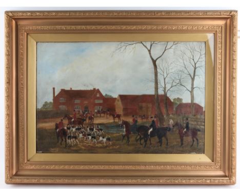 Sylvester Martin (British, 1856-1906), hunting meet in the grounds of a farmhouse (1885). Oil on canvas. Signed 'S. Martin' a