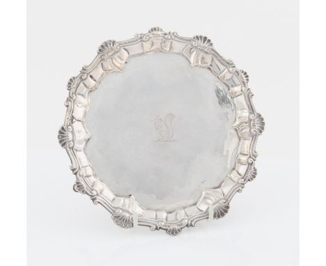 George III silver card tray by  Ebenezer Coker, engraved with a central squirrel crest, London 1762, 17cm dia, 5.93oz, 184.5g