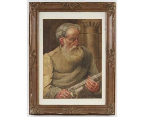 Hinley (20th century). Portrait of a bearded man holding a revolver. Watercolour, 1920. signed and dated lower right. 38 x 28