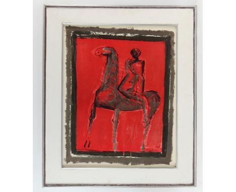 Marino Marini (Italian 1901-1980).  Le Cavalier (1955), portrait of a man on horseback.  Print on board. 58 x 47cm. 