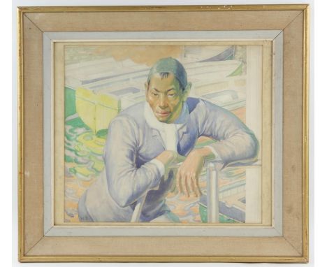 Harold Dearden (1888-1962). Portrait of a man by the harbour. Watercolour, signed with initials lower left. 40 x 45cm. 
