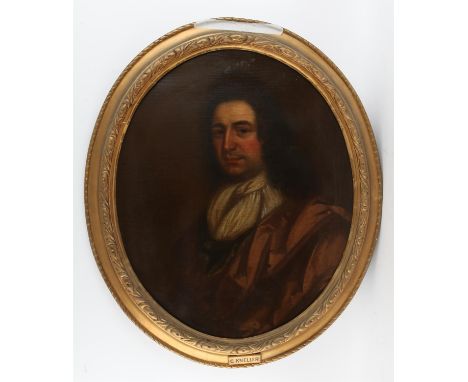 Attributed to Sir Godfrey Kneller (1646-1723) head and shoulders portrait of a smiling gentleman in a brown robe. Oil on canv