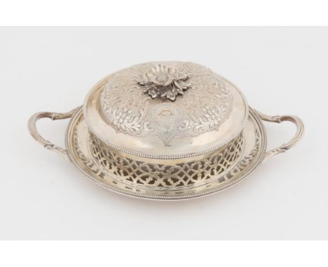 Victorian round silver two handled dish and cover with glass liner and flower finial, London 1868, inscr. The Battallion Priz