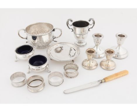 Edward VII silver porringer with embossed foliate decoration Chester 1903, 10cm dia. 6.9oz, 214.3gm, pair of cauldron salts w