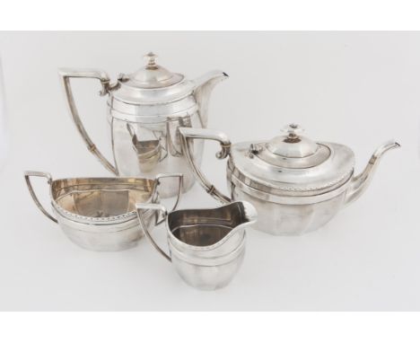 George V four piece silver tea service, comprising teapot, hot water jug, cream jug and sugar bowl, by Barker Brothers Silver