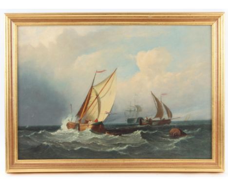Nineteenth-century English School, seascape with fishing vessels to foreground and battleship to background. Oil on board. Fr