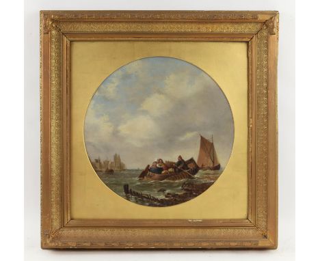 Nineteenth-century European School, circular seascape with rowing boat to foreground. Oil on canvas. Framed and glazed. Image