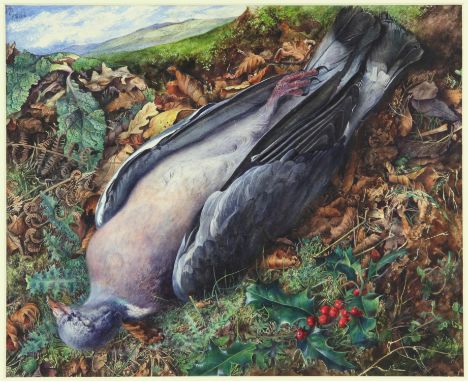 Anne Elizabeth Dundas (British, 1830-1917), landscape with dead pigeon to foreground (1866). Watercolour. Monogrammed in penc