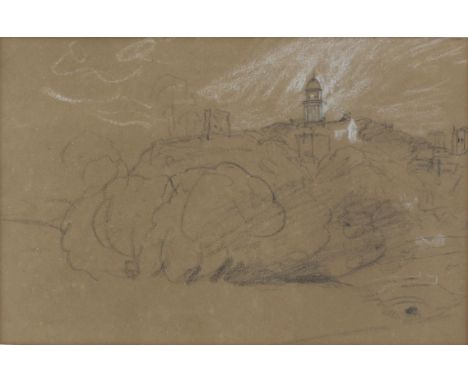 Peter de Wint (British, 1784-1849), landscape sketch with buildings on a hill. Chalk on paper. Framed and glazed. Label verso