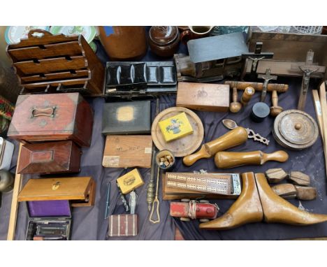 A Victorian mahogany sarcophagus tea caddy, together with a letter rack, Mah Jong box, cribbage boards, crucifixes etc 