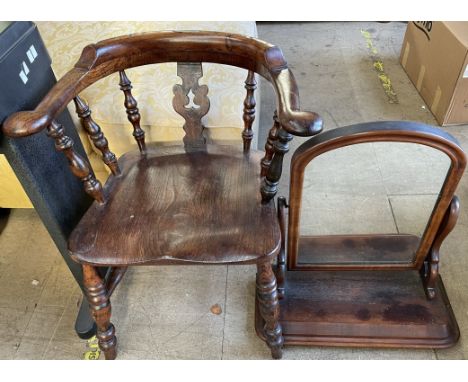 A smokers bow elbow chair together with a Victorian mahogany toilet mirror