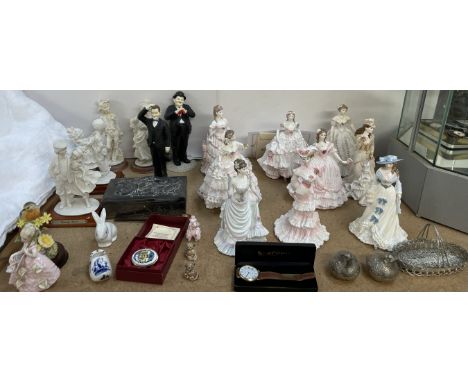 A collection of Royal Worcester and Coalport figures together with other figures, Japanese white metal cigarette box, enamel 