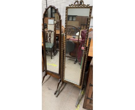 A mahogany framed cheval mirror with shell carved legs together with a gilt decorated cheval mirror