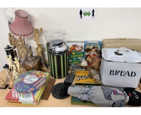 An enamel Bread bin together with a sewing machine, resin figures, teddy bear etc 